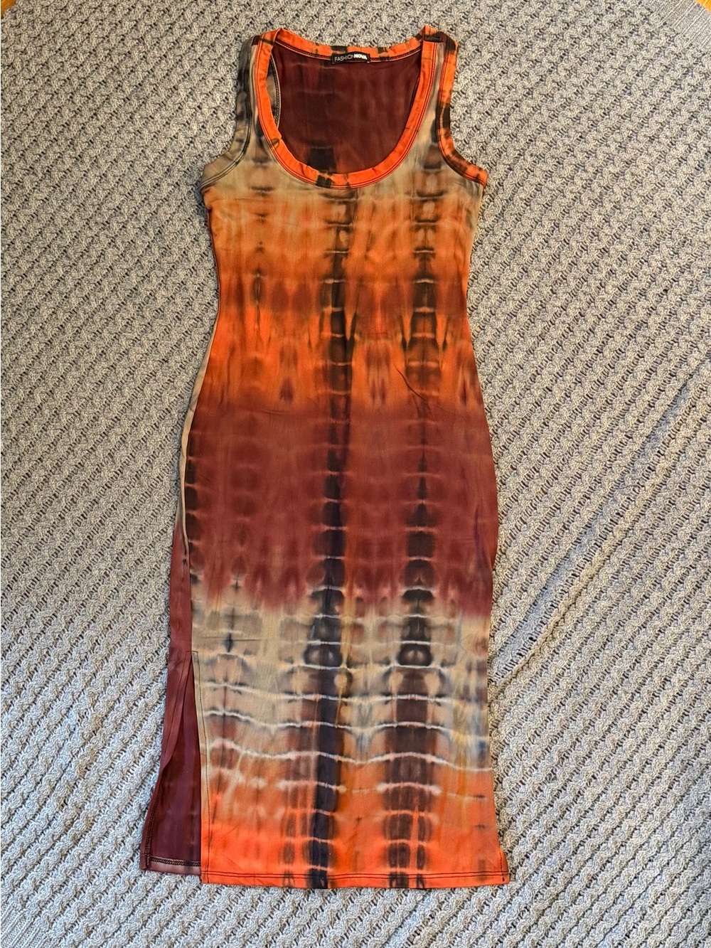 Fashion Nova Orange and Brown Tie-Dye Tank Maxi Dress